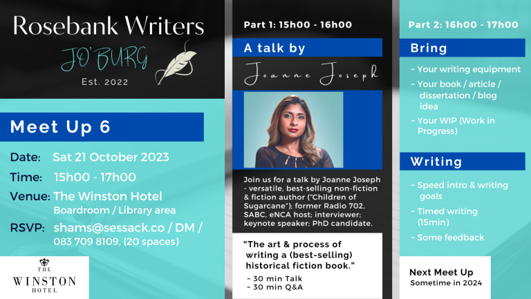 Rosebank Writers Jo'burg Joanne Joseph Children of Sugarcane The Winston Boutique Hotel